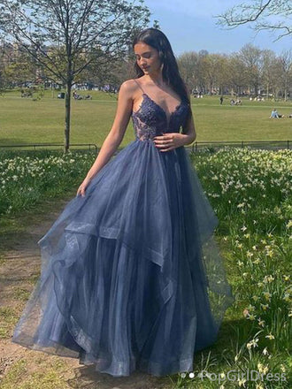 Elegant Spaghetti Strap V-neck Sleeveless A-line Tulle Long Prom Dresses For Party, PG436