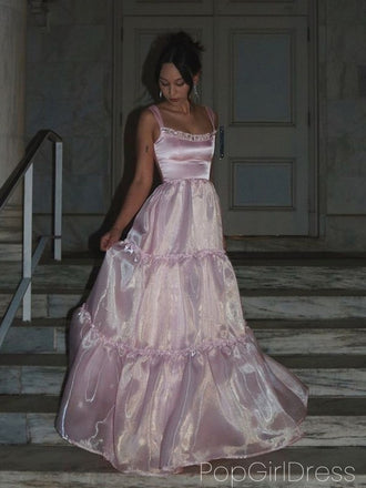 Soft Spaghetti Strap Sleeveless A-line Satin Long Prom Dresses For Party, PG820