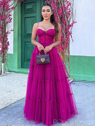 Formal Gown Spaghetti Strap Sleeveless A-line Tulle Long Prom Dresses For Party, PG546