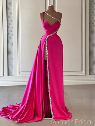 Formal One-shoulder Sleeveless Mermaid Satin Long Prom Dresses For Party, PG598