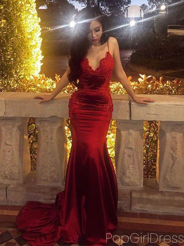 Sexy Spaghetti Strap Sleeveless Mermaid Satin Red Long Prom Dresses For Party, PG550