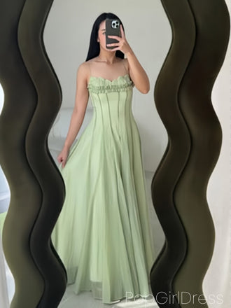 Cute Spaghetti Strap Sleeveless A-line Tulle Long Prom Dresses For Party, PG1011