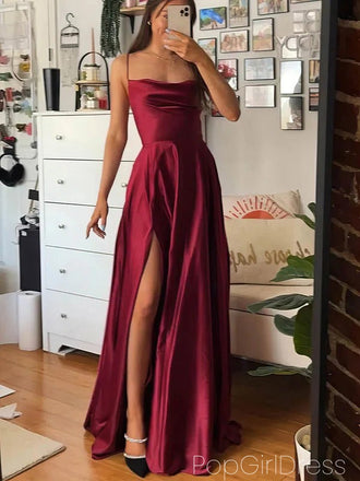 Soft Spaghetti Strap Sleeveless A-line Satin Long Prom Dresses For Party, PG927