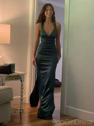 Sexy V-neck Sleeveless Mermaid Satin Long Prom Dresses For Party, PG981
