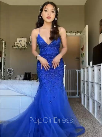 Elegant Spaghetti Strap V-neck Sleeveless Mermaid Lace Long Prom Dresses For Party, PG476