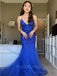 Elegant Spaghetti Strap V-neck Sleeveless Mermaid Lace Long Prom Dresses For Party, PG476