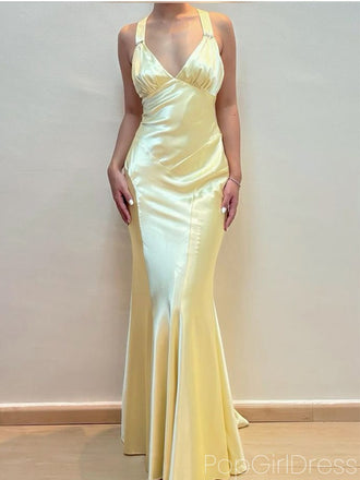 Sexy V-neck Sleeveless Mermaid Satin Long Prom Dresses For Party, PG832