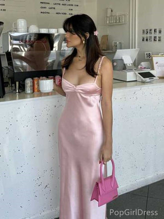 Simple Spaghetti Strap Sleeveless Mermaid Satin Pink Long Prom Dresses For Party, PG380