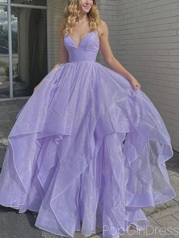 Shiny Spaghetti Strap Sleeveless A-line Tulle Long Prom Dresses For Party, PG526