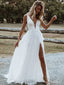 Simple V-neck Sleeveless A-line White Long Tulle Wedding Dresses With Trailing, PGW20