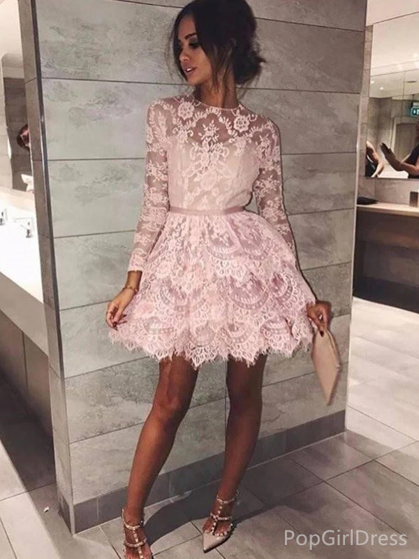 Sexy High Neck Full Sleeve A-line Lace Homecoming Dresses For Party, PGH428