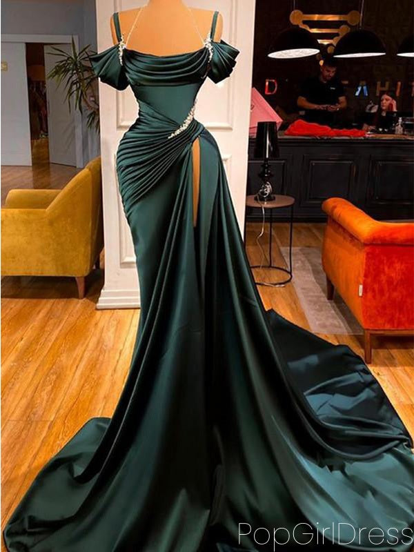 Sexy Off-shoulder Sleeveless Mermaid Satin Long Prom Dresses For Party, PG748