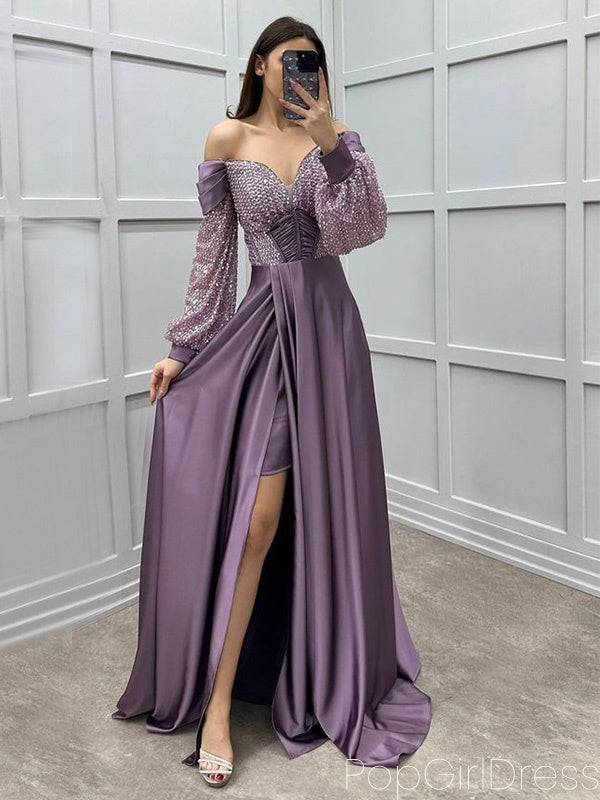 Elegant Off-shoulder Full Sleeve Mermaid Satin Long Prom Dresses For Party, PG634