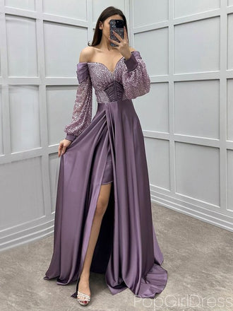 Elegant Off-shoulder Full Sleeve Mermaid Satin Long Prom Dresses For Party, PG634