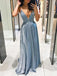 Shiny V-neck Sleeveless A-line Satin Long Prom Dresses For Party, PG594