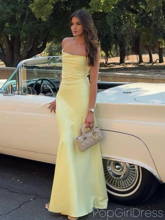 Simple Spaghetti Strap Sleeveless Mermaid Satin Long Prom Dresses For Party, PG903