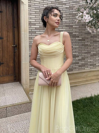 Soft One-shoulder Sleeveless A-line Chiffon Long Prom Dresses For Party, PG895
