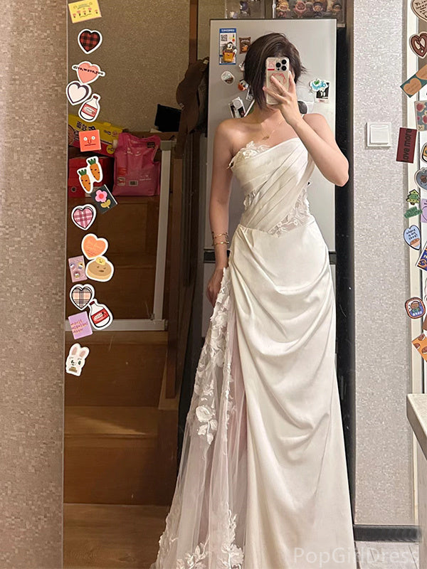 Formal One-shoulder Sleeveless Mermaid Satin Long Prom Dresses With Slit For Party, PG348