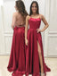 Simple Spaghetti Strap Sleeveless A-line Satin Long Prom Dresses With Slit For Party, PG372