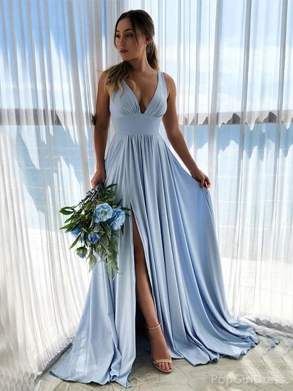 Sexy V-neck Sleeveless A-line Satin Long Prom Dresses With Slit For Party, PG336