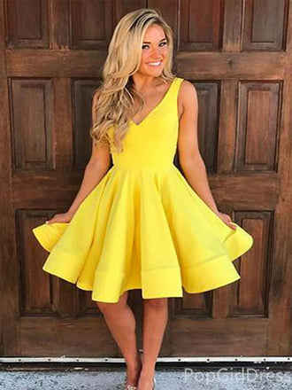 Simple V-neck Sleeveless A-line Satin Knee-length Homecoming Dresses For Party, PGH372