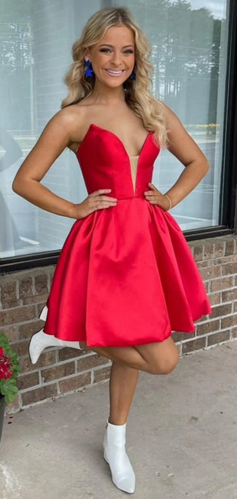 Formal V-neck Sleeveless Short A-line Red Homecoming Dresses For Party, PGH91