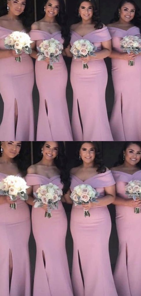 Formal Off-shoulder Sleeveless Mermaid Long Pink Bridesmaid Dresses With Front Split For Wedding Party, PGB09