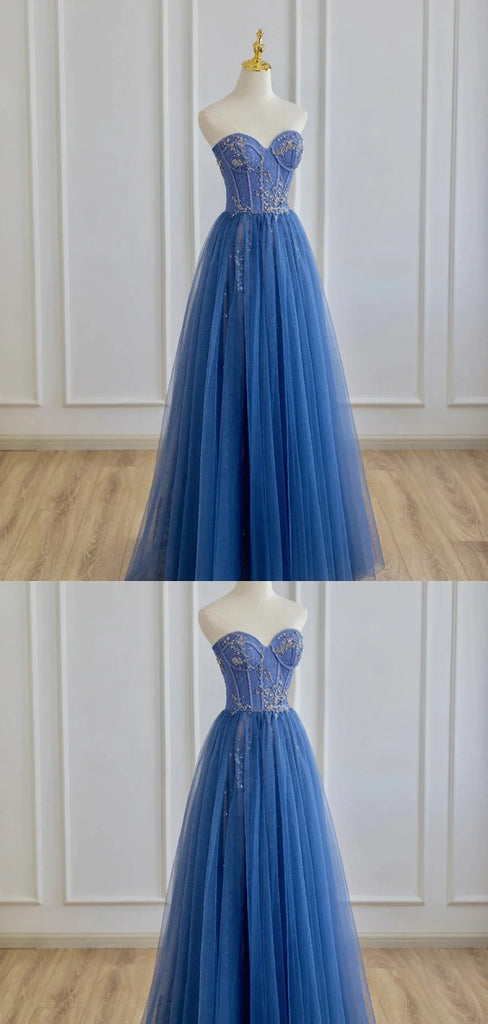 Gorgeous Sweetheart Sleeveless A-line Blue Long Prom Dresses , PG07