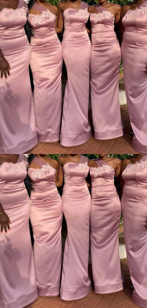 Sexy mismatched One-shoulder Sleeveless Mermaid Pink Long Bridesmaid Dresses For Wedding Party, PGB12