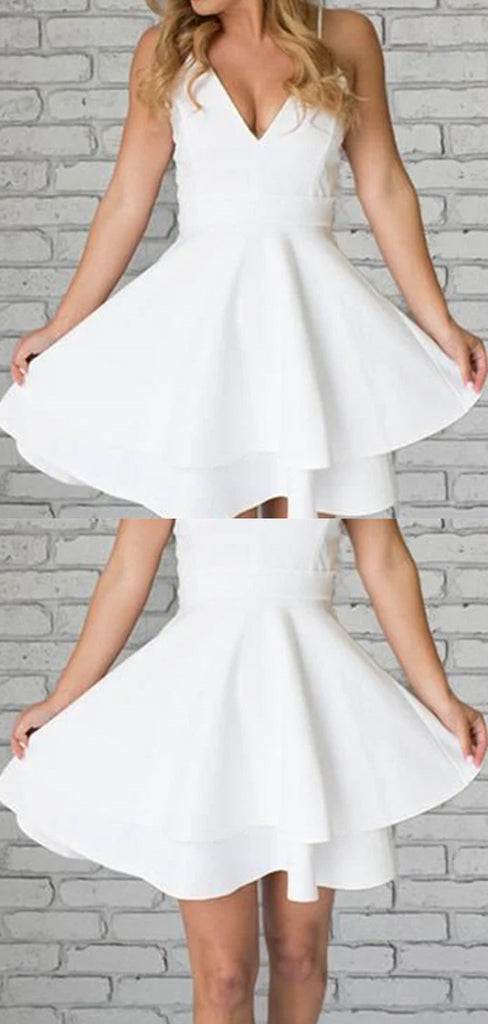 Casual Spaghetti Strap V-neck Sleeveless Short A-line White Homecoming Dresses For Party, PGH83