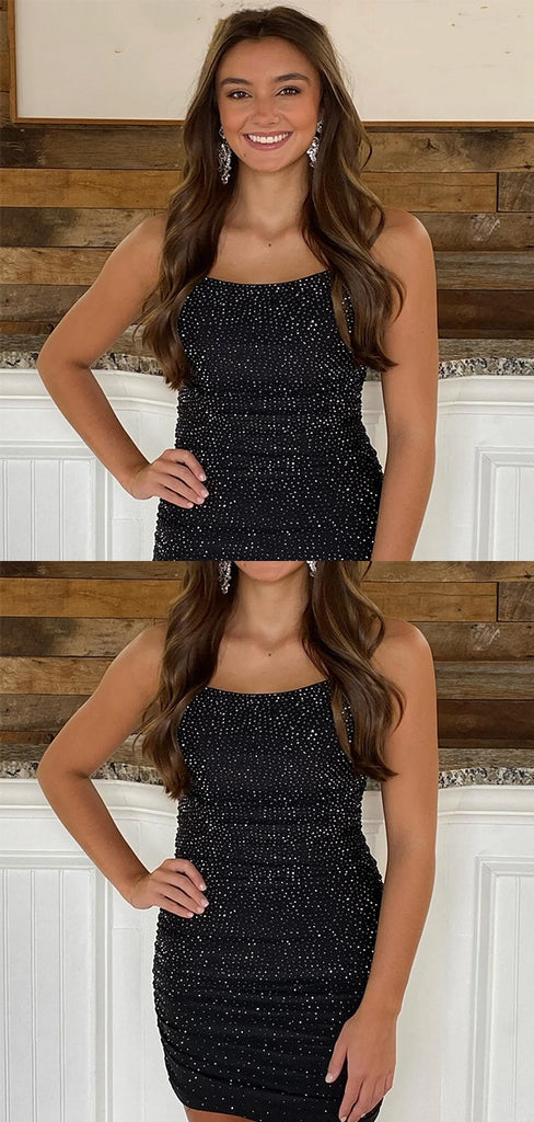 Shiny Spaghetti Strap Sleeveless Spakly Short Black Mermaid Homecoming Dresses, PGH46