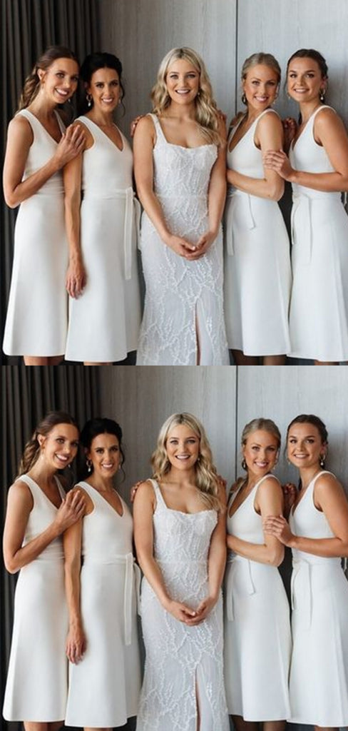 Simple V-neck Sleeveless A-line Tea-length White Bridesmaid Dresses For Wedding Party, PGB45