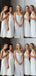 Simple V-neck Sleeveless A-line Tea-length White Bridesmaid Dresses For Wedding Party, PGB45