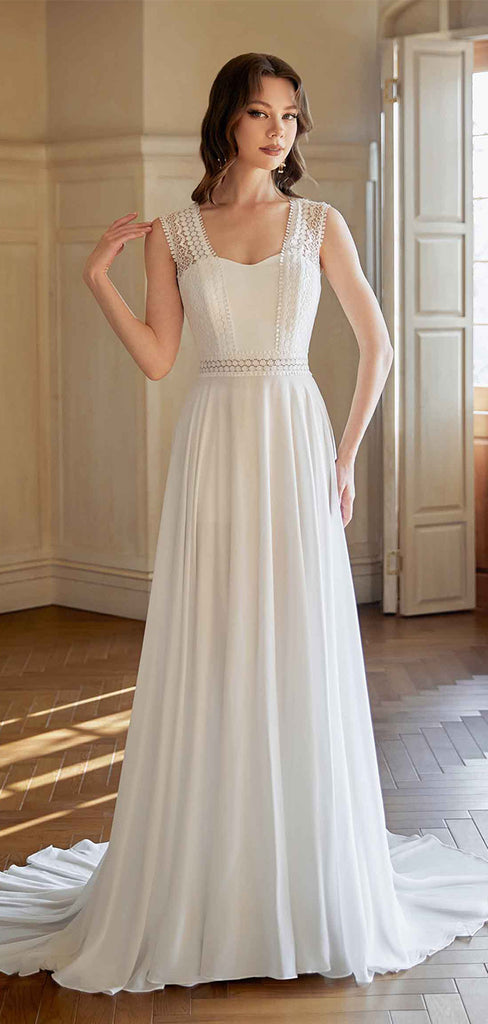 Formal Square Sleeveless A-line White Wedding Dresses With Trailing, PGW01