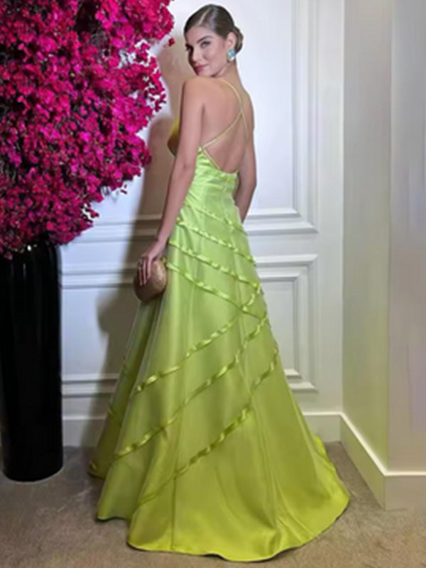 Formal V-neck Sleeveless A-line Satin Long Prom Dresses For Party, PG854