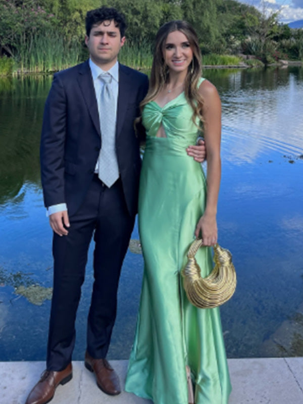 Sexy One-shoulder Sleeveless Mermaid Satin Long Prom Dresses For Party, PG870