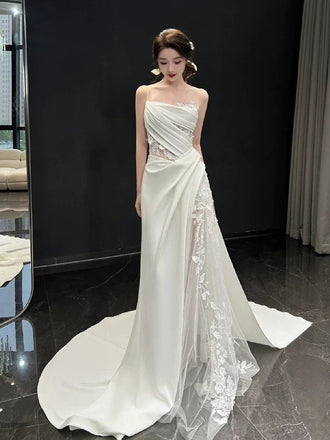 Formal One-shoulder Sleeveless Mermaid Satin Long Prom Dresses With Slit For Party, PG348