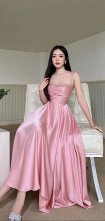 Elegant Spaghetti Strap Sleeveless A-line Satin Long Prom Dresses For Party, PG769