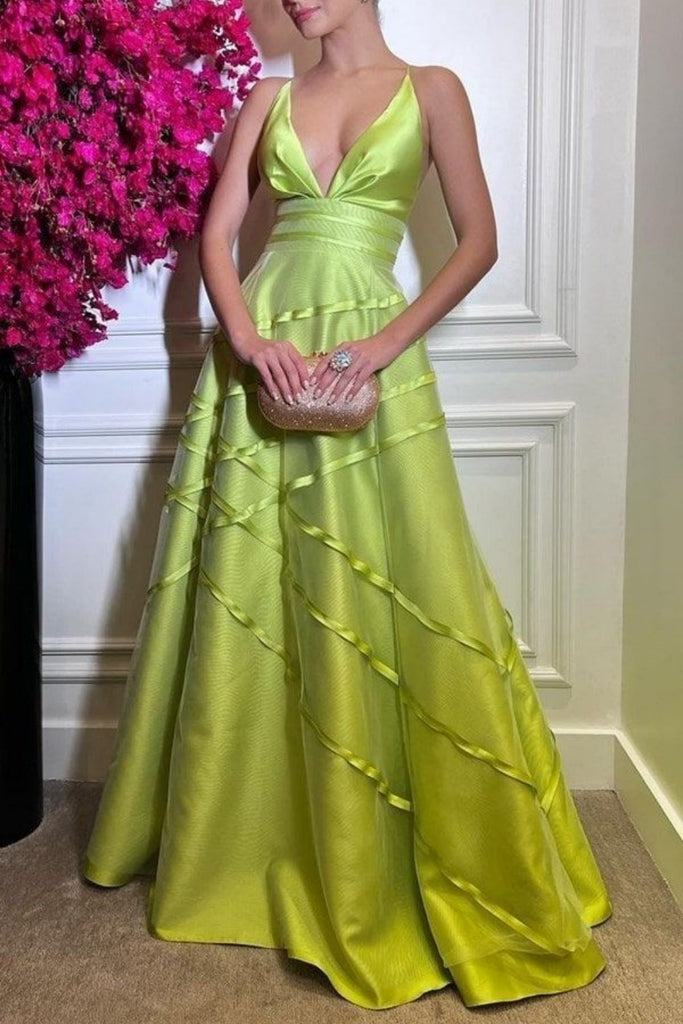 Formal V-neck Sleeveless A-line Satin Long Prom Dresses For Party, PG854