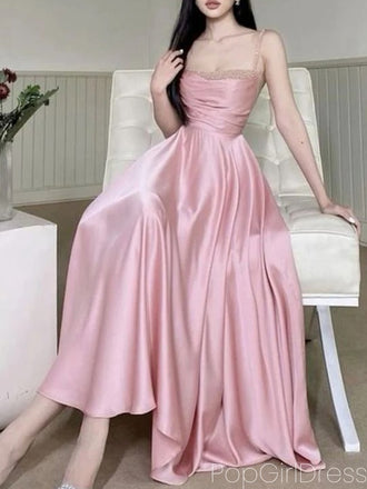 Elegant Spaghetti Strap Sleeveless A-line Satin Long Prom Dresses For Party, PG769