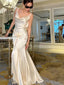 Sexy V-neck Sleeveless Mermaid Satin Long Prom Dresses For Party, PG842