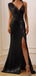 Sexy V-neck  Sleeveless Mermaid Black Long Prom Dresses with Front Split,PG20