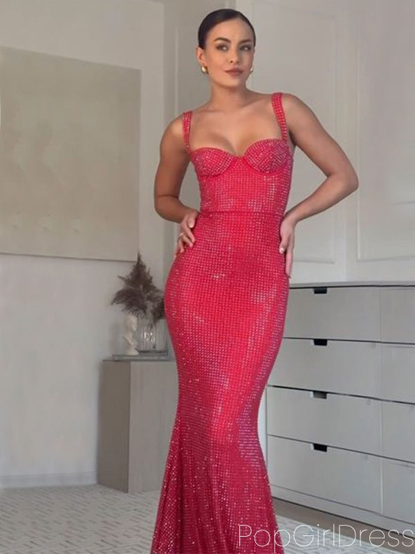 Sexy Spaghetti Strap Sleeveless Mermaid Satin Long Prom Dresses For Party, PG757