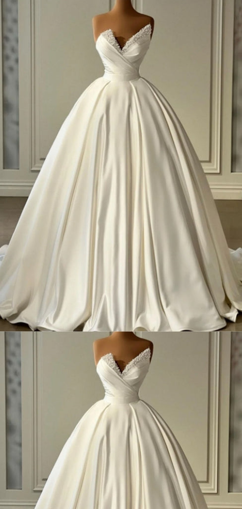 Unique V-neck Sleeveless Ball Gown White Wedding Dresses For Wedding Party, PGW07