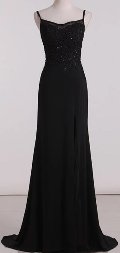 Modest Spaghetti Strap Sleeveless A-line Black Prom Dresses For Wedding Party, PG34