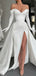 Elegant V-neck Off-Shoulder Full Sleeve Mermaid White Long Prom Dresses With Front Split, PG15