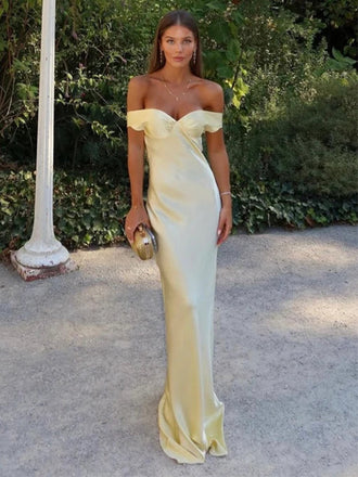 Soft Off-shoulder Sleeveless Mermaid Satin Long Prom Dresses For Party, PG863