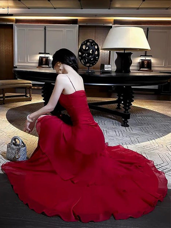 Elegant Spaghetti Strap Sleeveless Mermaid Satin Long Prom Dresses For Party, PG770