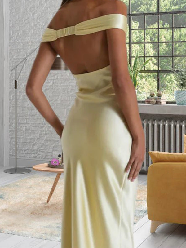 Soft Off-shoulder Sleeveless Mermaid Satin Long Prom Dresses For Party, PG863