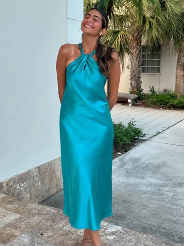 Soft Halter Sleeveless Mermaid Satin Long Prom Dresses For Party, PG905